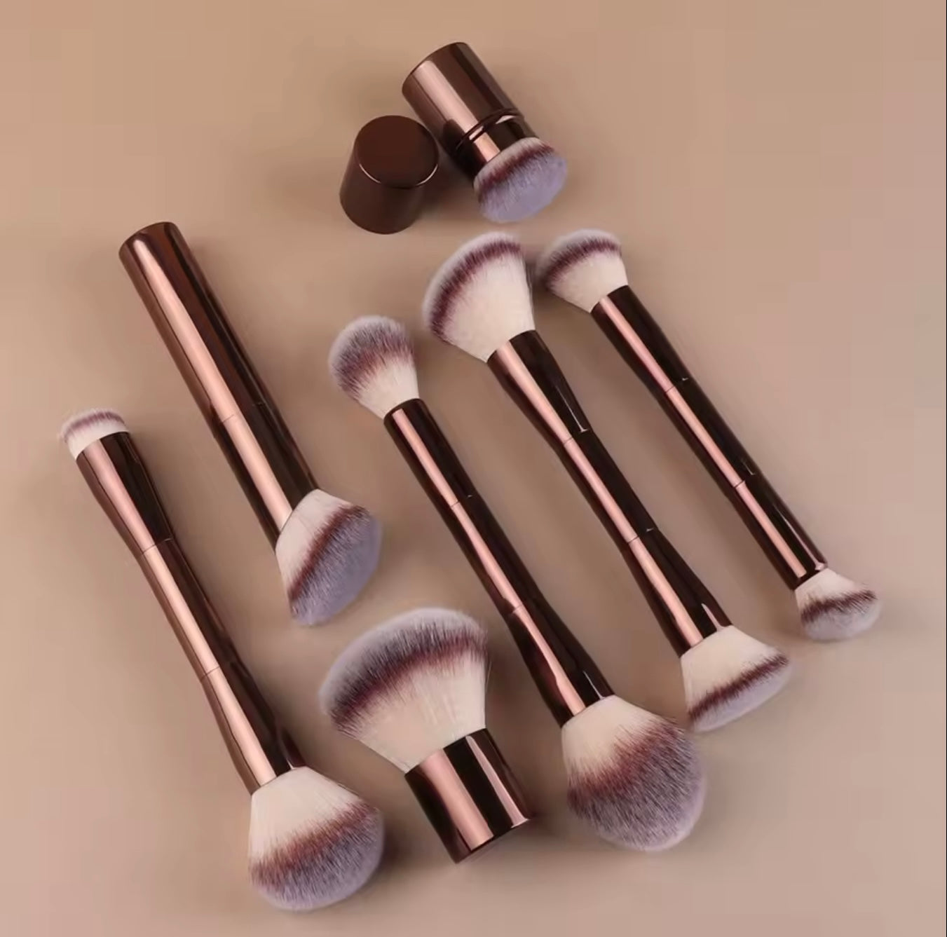 7pcs Professional Makeup Brush Set, Includes: 4pcs Dual-Ended Face Brushes, 1pc Angled Brush, 1pc Short Handle Foundation Brush