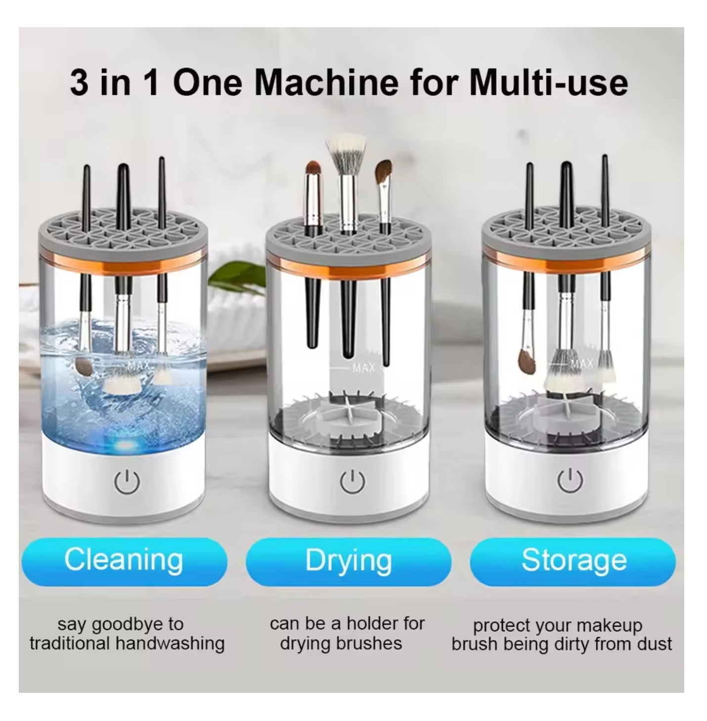 USB Electric Makeup Brush Cleaner – 3-in-1 Portable Washer, Quick-Dry Spinner & Drying Rack Tool