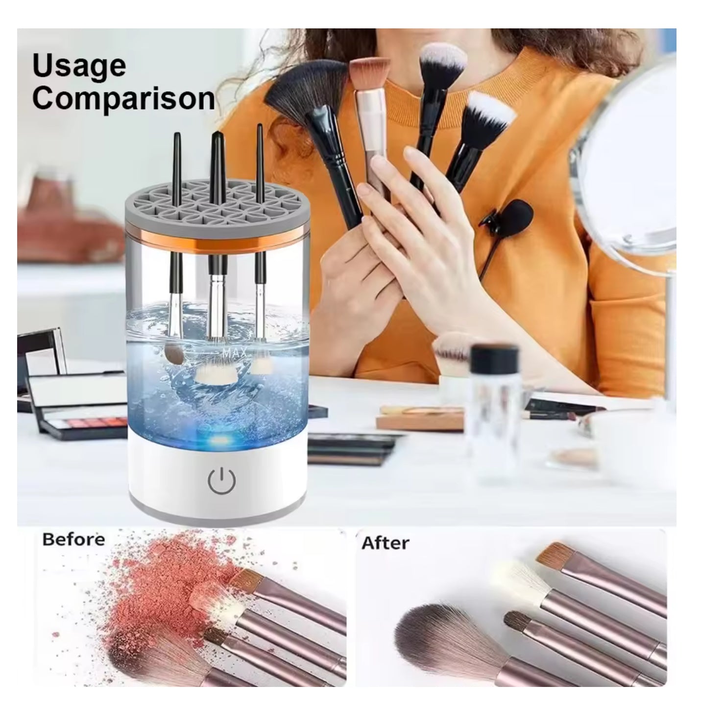 USB Electric Makeup Brush Cleaner – 3-in-1 Portable Washer, Quick-Dry Spinner & Drying Rack Tool