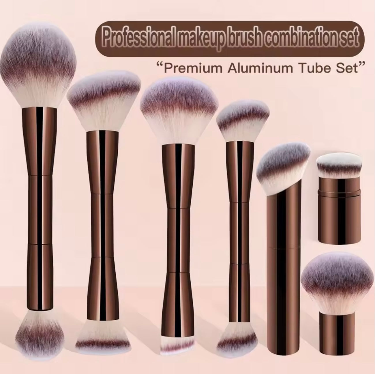 7pcs Professional Makeup Brush Set, Includes: 4pcs Dual-Ended Face Brushes, 1pc Angled Brush, 1pc Short Handle Foundation Brush