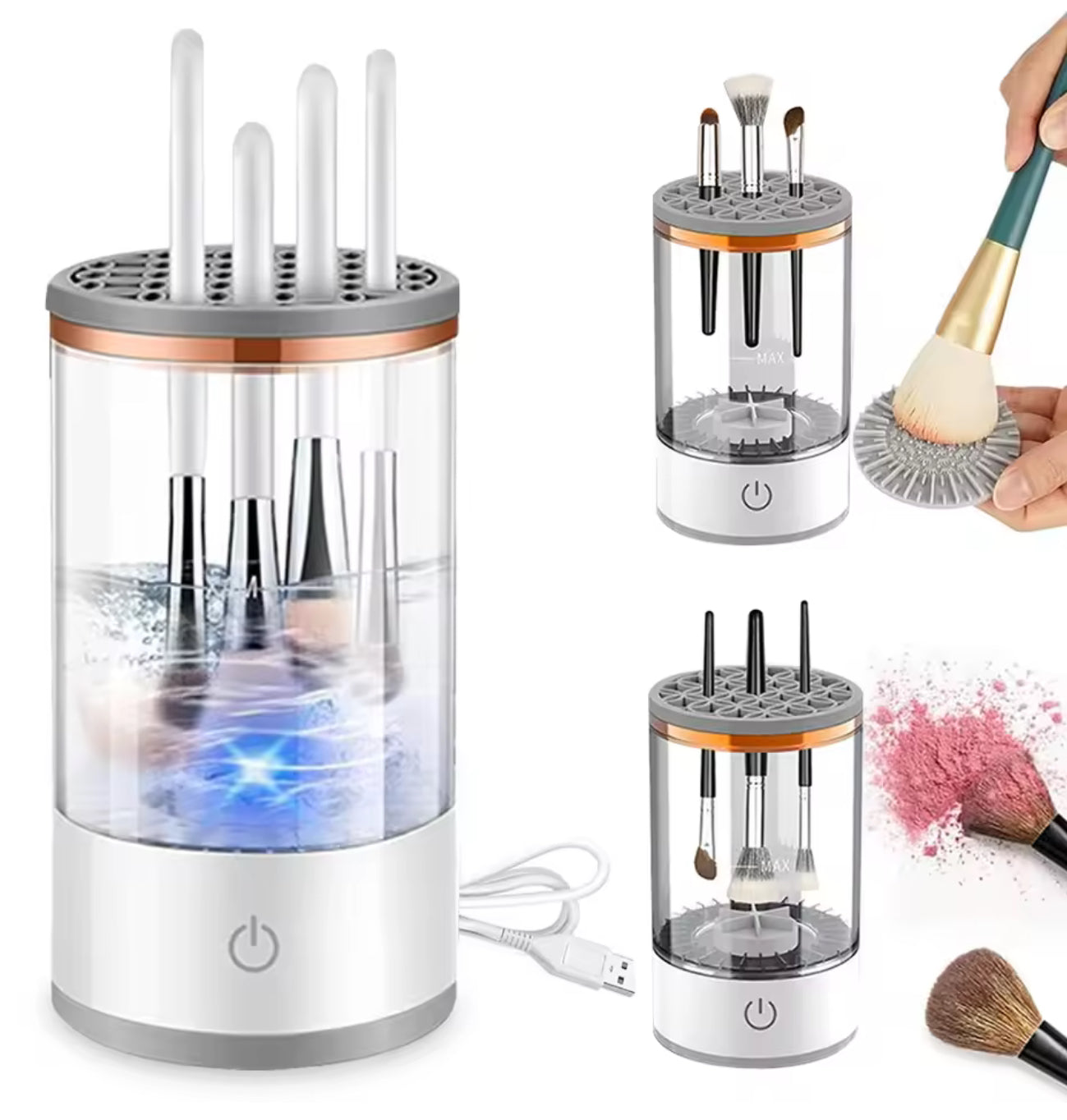 USB Electric Makeup Brush Cleaner – 3-in-1 Portable Washer, Quick-Dry Spinner & Drying Rack Tool
